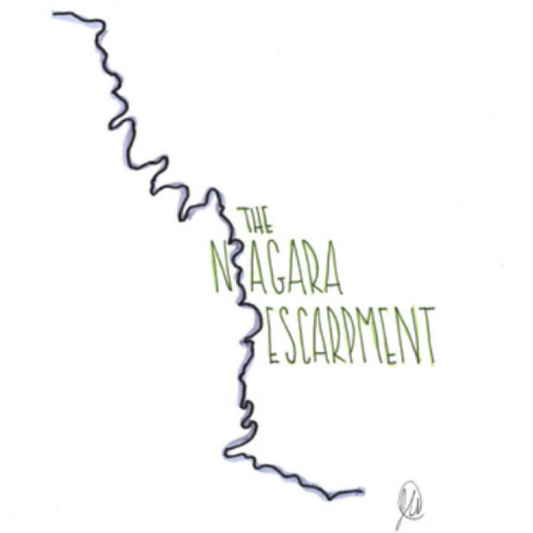 A hand drawn dark curving line that represents the silhouette of the Niagara Escarpment. In the middle of the page the image the artist has written THE NIAGARA ESCARPMENT, the letter I in Niagara is made using the curving silhouette of the Escarpment.