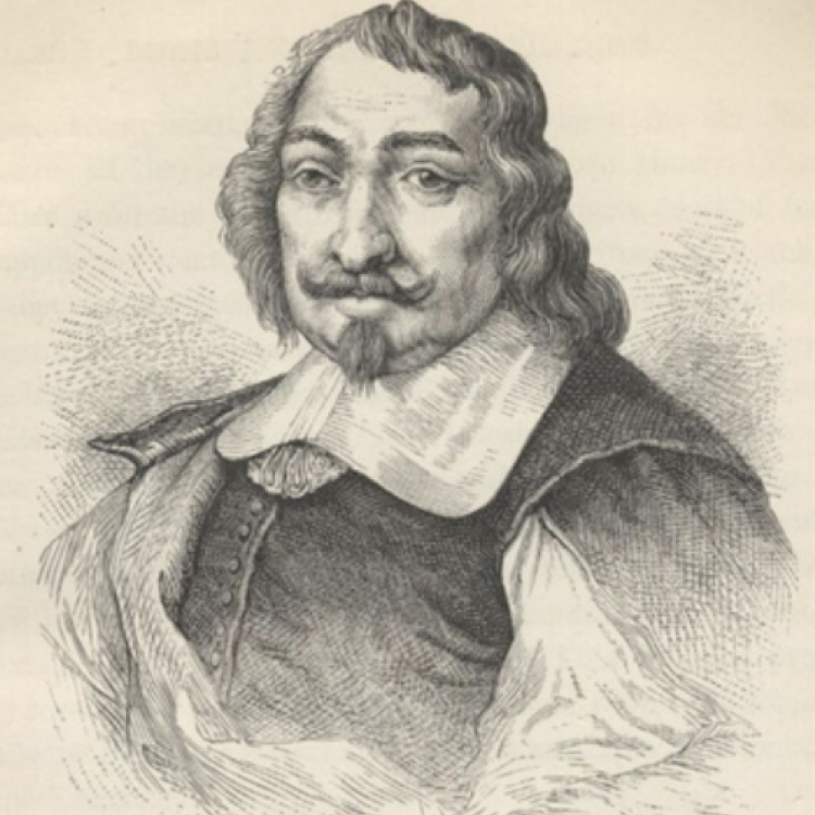A pencil drawing of a white male with long flowing hair, a Van Dyke style is a type of goatee in which the chin hair is disconnected from the moustache hair. He is wearing a high collar, a dark vest and a white linen shirt.
