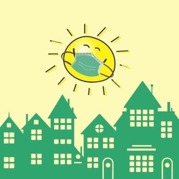 A graphic designed image. The background is beige. In the foreground is a green townscape silhouette. Above the townscape is a yellow sun stylized as a child's drawing with a smiling face and a medical mask over it's mouth.