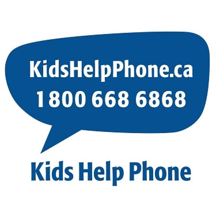 In the background is a solid blue speech bubble. In white text overlayed on the blue speech bubble are the words "KidsHelpPhone.ca 1-800-668-6868". Below the speech bubble in blue text are the words "Kids Help Phone".