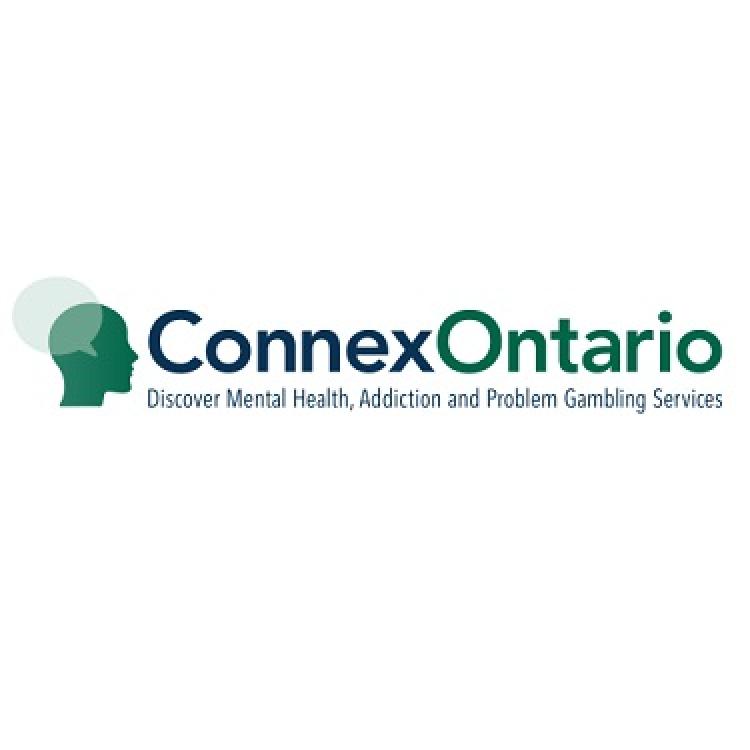 The word Connex is written in a large navy blue coloured font. Next to it is the word Ontario in the same font in a dark green colour. Below in blue and a smaller font size is the text Discover mental health, addiction and problem gambling services. To the left of the text is a profile of a human head looking to the right and coloured a dark green. A light green speech bubble is overlapping the top left side of the head.