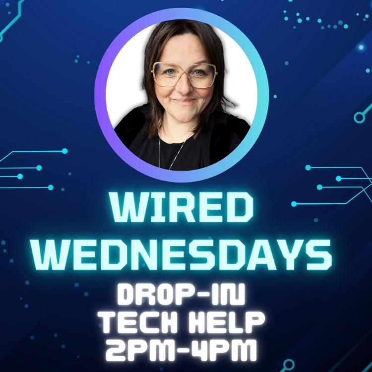 The image is a square with circuits running through it. Dark Blue with a teal coloured font. A circular picture of Ashley in the middle. Ashley has a short brunette gold oversized glasses, black shirt.