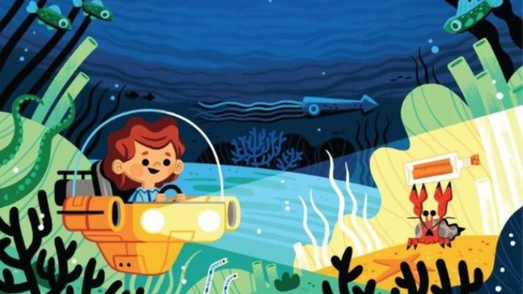 A boy in a submarine sees a crab