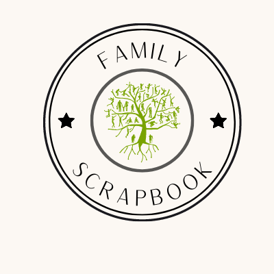 A logo for Family Scrapbook. The background is beige. A green tree is in the centre of a black circular outline. Black text reading Family is situated above the black circle following its curvature. The word Scrapbook is below the black circle following its curvature. On the left and right sides of the black circle are two black stars. Encompassing the text and stars are two black circle outlines. 