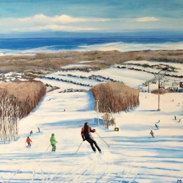 Painting of a ski hill in the winter time. In the foreground are three skiers skiing down the hill. In the midground are seven skiers halfway down the ski hill. In the background is a large wooded area with a light blue clouded sky.