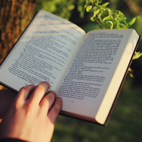 Hand holding book open to text page with tree in background. 