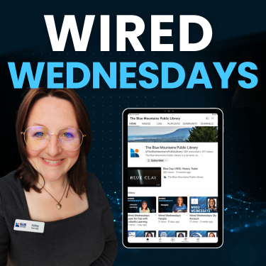 Ashley has brown hair, blue eyes, aviator reading glasses, she is wearing a grey squared top with sleeves. There is a tablet with the library website on it. The title says Wired Wednesdays.