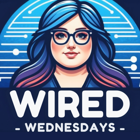 AI woman with blue shaggy hair cartoon Wired Wednesdays in bubble letters