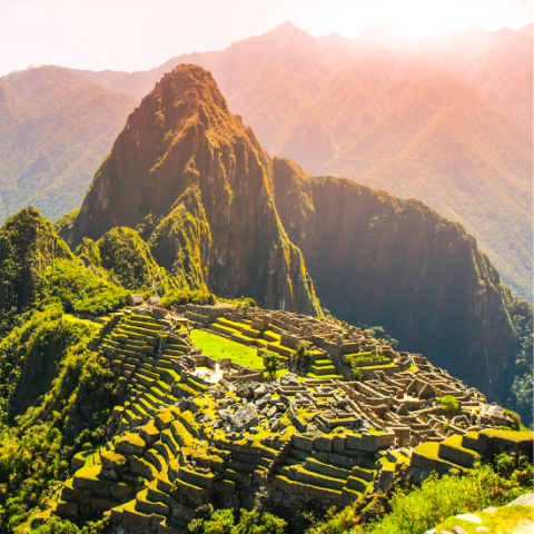 Overhead view of Machu Picchu, mountains in the background