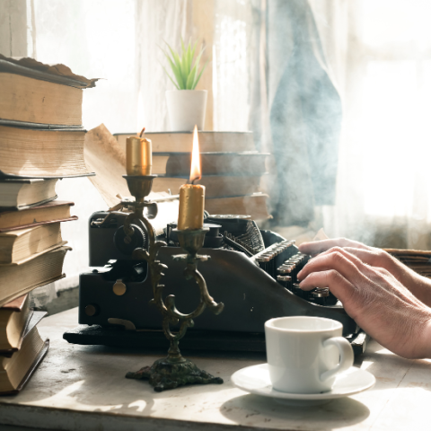 Person typing on typewriter