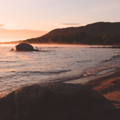 Image of Georgian Bay as sunrise with the Niagara Escarpment in the back ground.